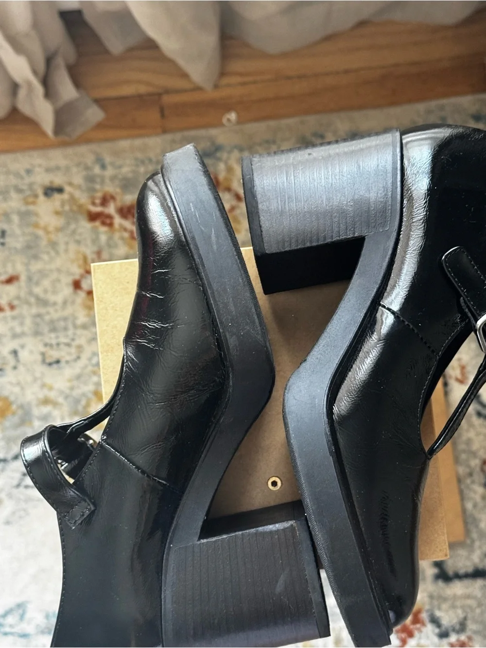 Maeve Black Patent T-Strap Mary Janes with Silver Buckles